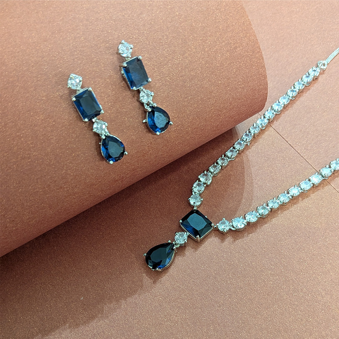 Silver Finish Classic Rectangular & Teardrop Stone Jewellery Set For Women