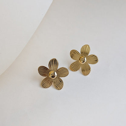 Glossy Textured Gold Finish Floral Stud Earrings For Girls & Women (Anti Tarnish)
