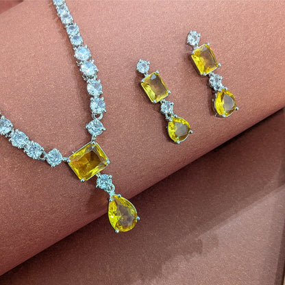 Silver Finish Classic Rectangular & Teardrop Stone Jewellery Set For Women