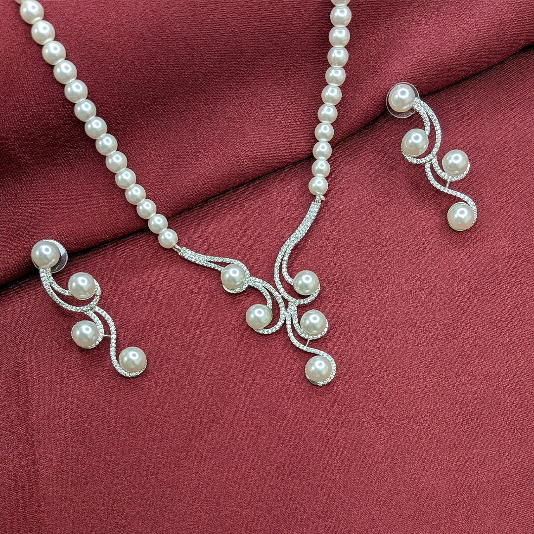 Silver Finish Classic Pearl AD Stone Jewellery Set with Earrings, Bracelet & Ring for Girls & Women