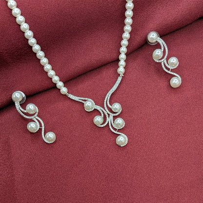 Silver Finish Classic Pearl AD Stone Jewellery Set with Earrings, Bracelet & Ring for Girls & Women