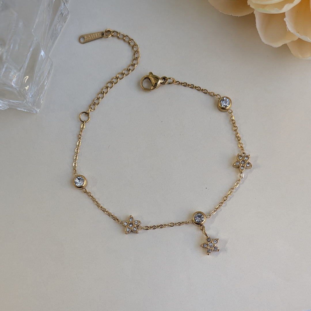 Gold Finish Daisy Charm Bracelet with Sparkling AD Stones For Girls & Women