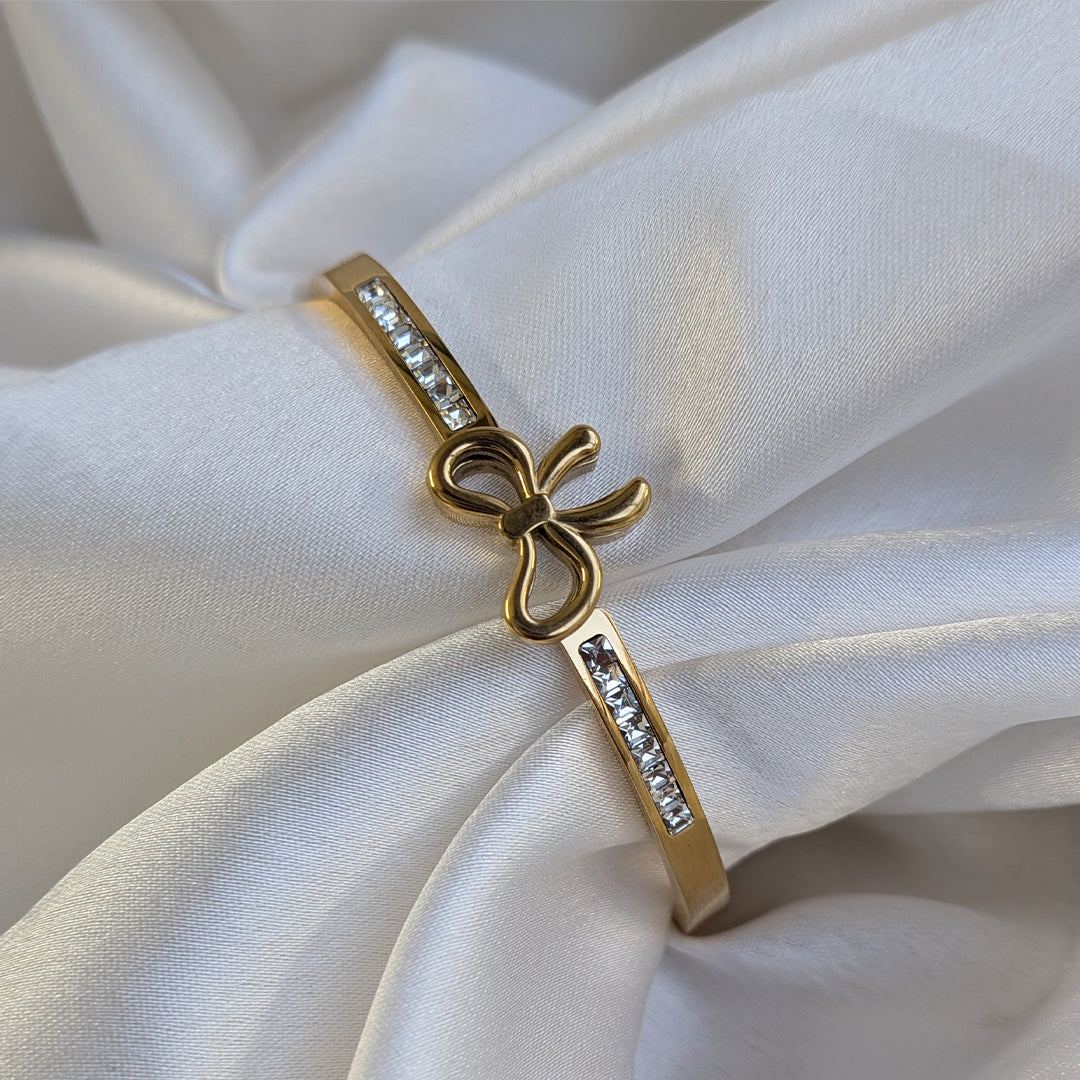Gold Plated Elegant Bow Charm Gold Cuff Bracelet with AD Stones For Girls & Women