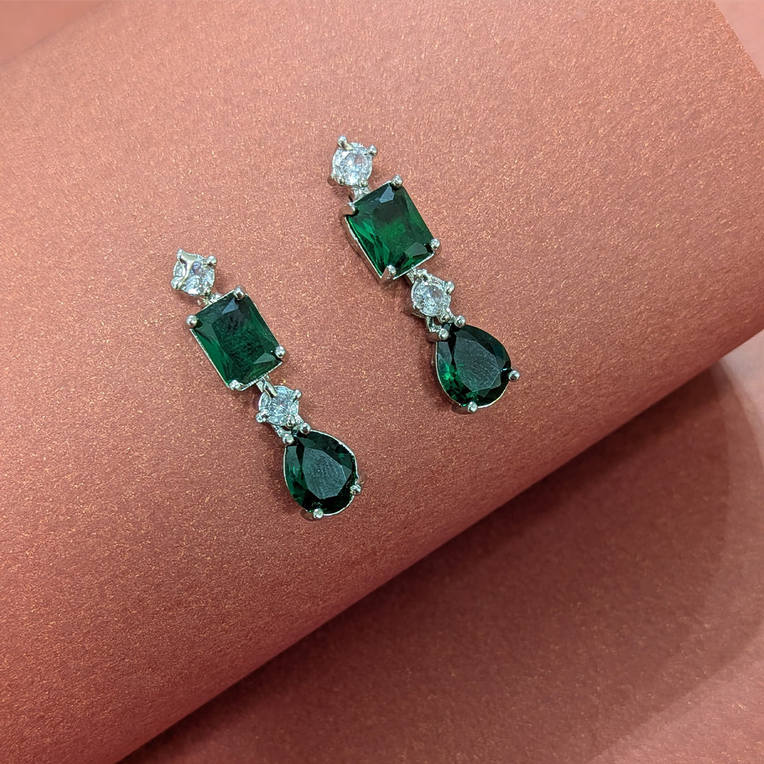 Silver Finish Classic Rectangular & Teardrop Stone Jewellery Set For Women