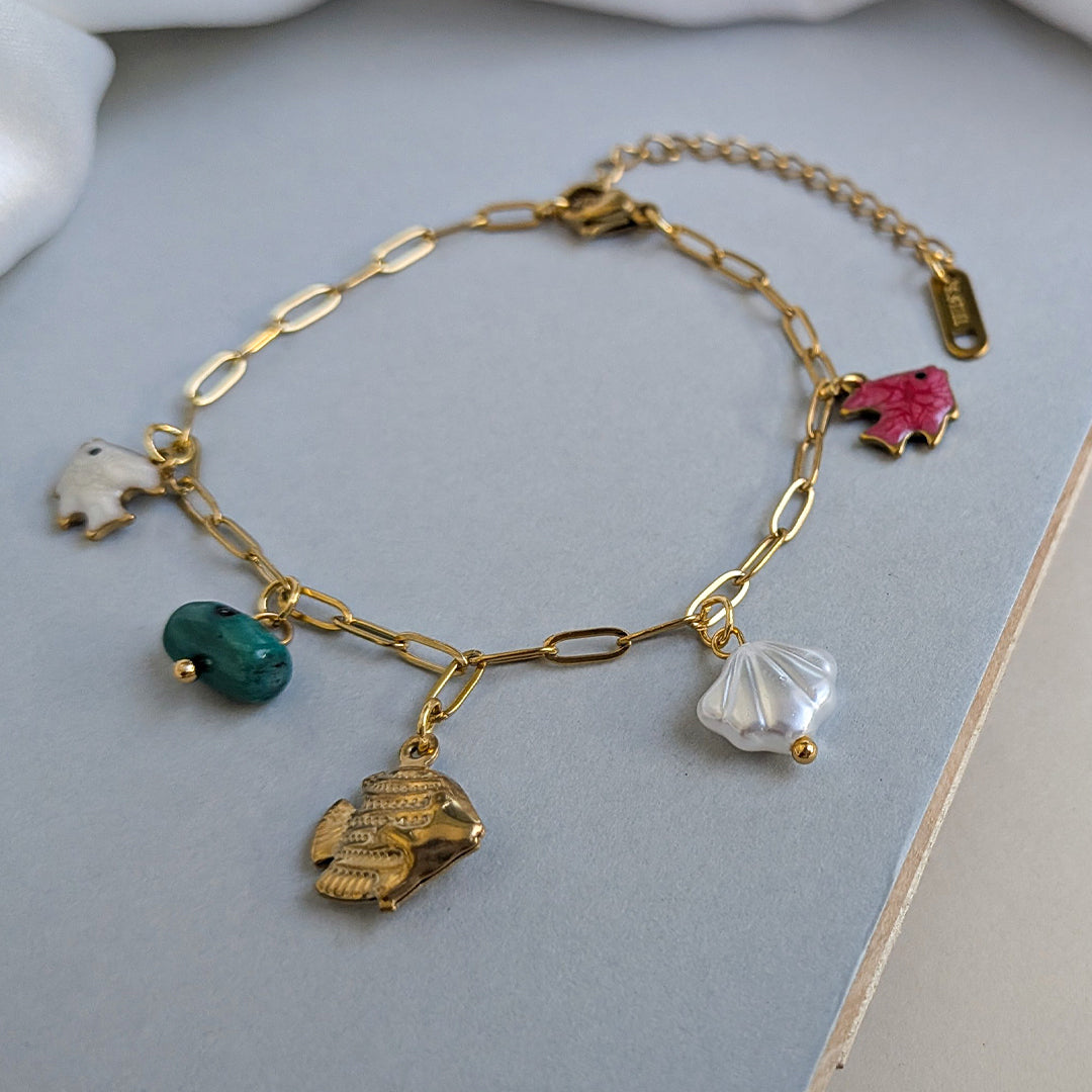 Gold Plated Ocean Charm Bracelet with Fish, Shell & Bead Charms for Girls & Women