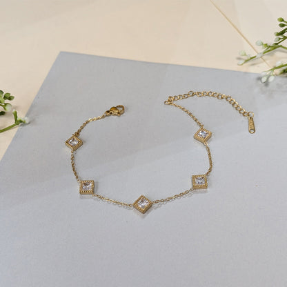 Gold Finish Square Crystal Chic Charm Bracelet For Girls & Women (Anti-Tarnish)