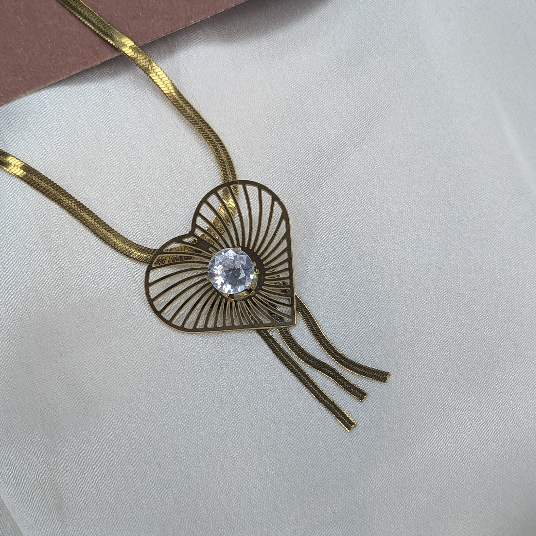 Gold Plated Heart Design Crystal Pendant & Earring Set for Women