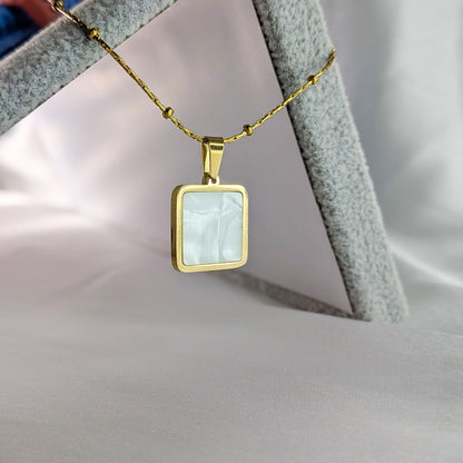 18k Gold Plated Square Charm Pendant with Beaded Chain for Women & Girls