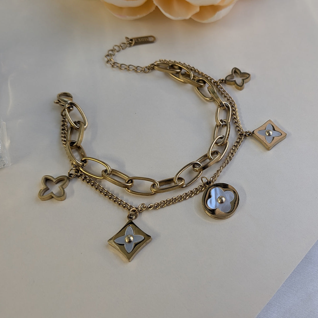 Gold Plated Link & Cable Chain With Enamel Floral Charms For Girls & Women