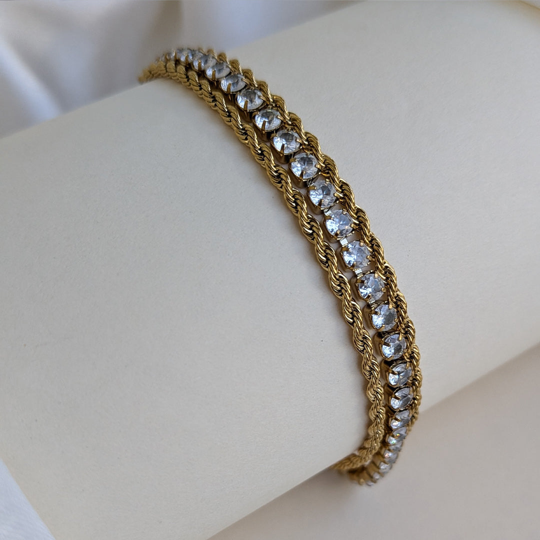 Gold Plated Twisted Dual-Layer Rope Bracelet with Luxe AD Stones For Girls & Women