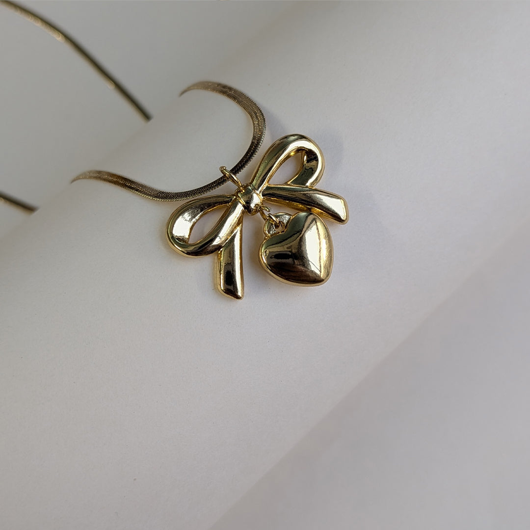 Elegant Ribbon Bow Pendant Necklace with Heart Drop For Girls & Women