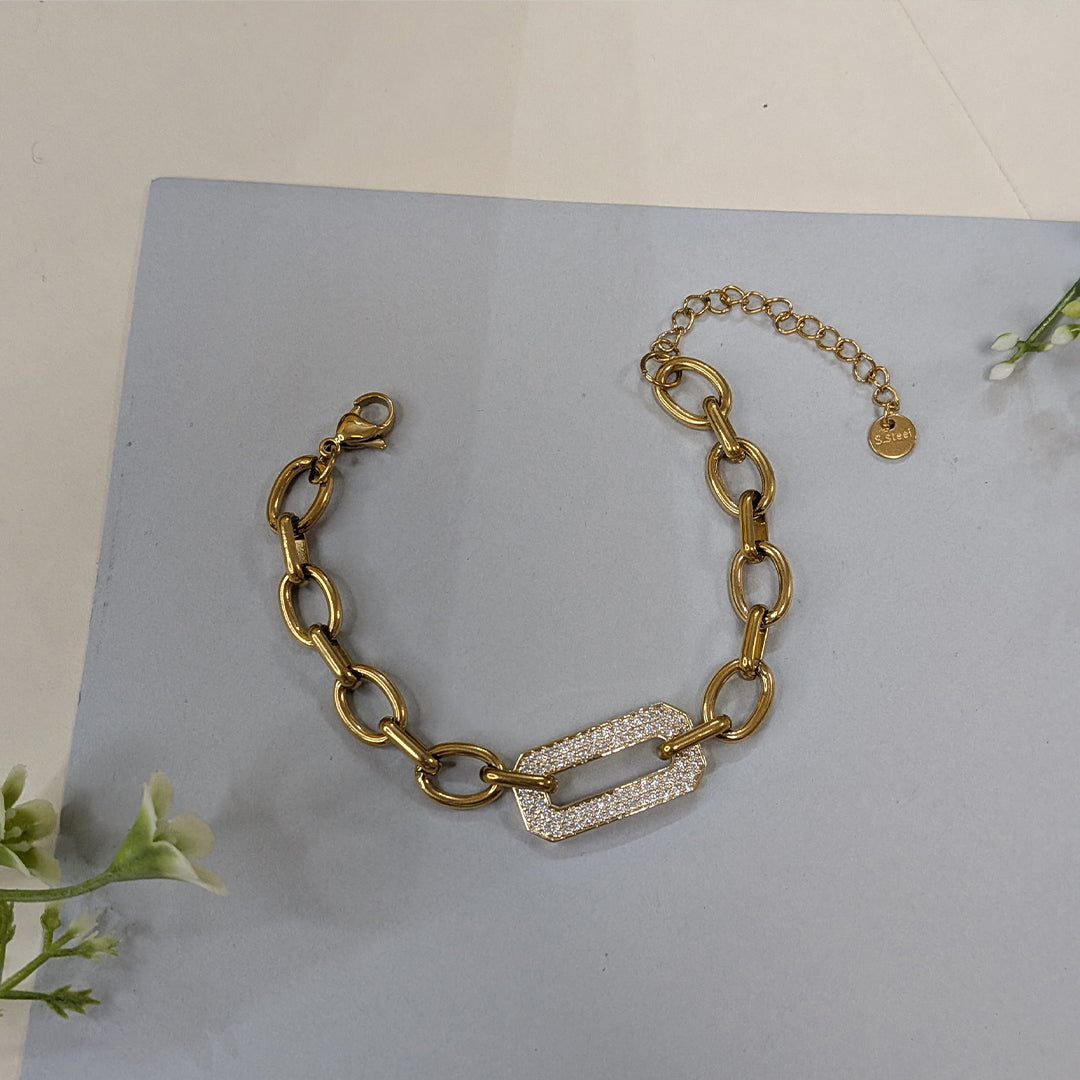 Gold Finish Oval Link Chain Bracelet with Rectangle Crystal Clasp For Girls & Women (Anti-Tarnish)