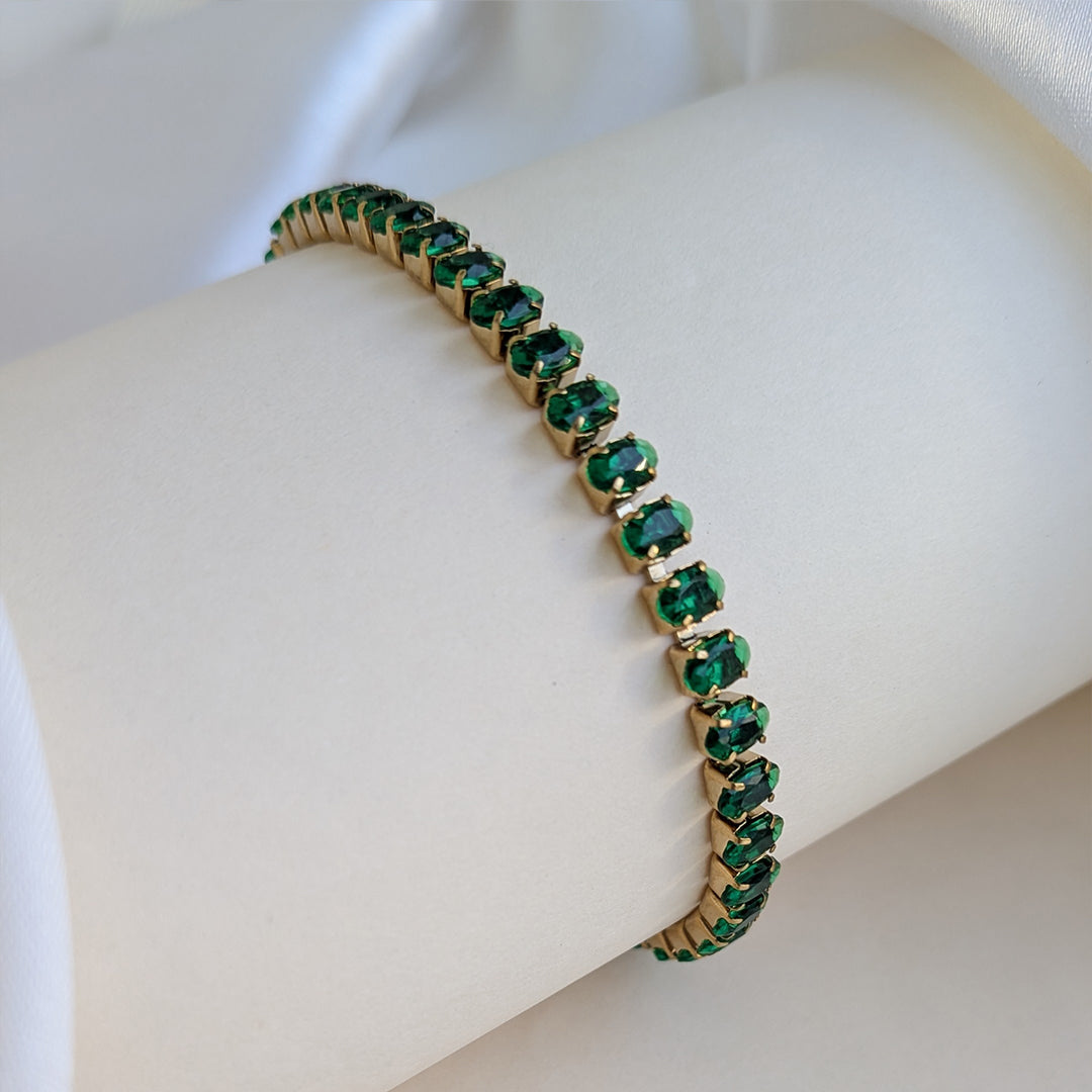 Gold Plated Emerald Green AD Stone Tennis Bracelet For Girls & Women