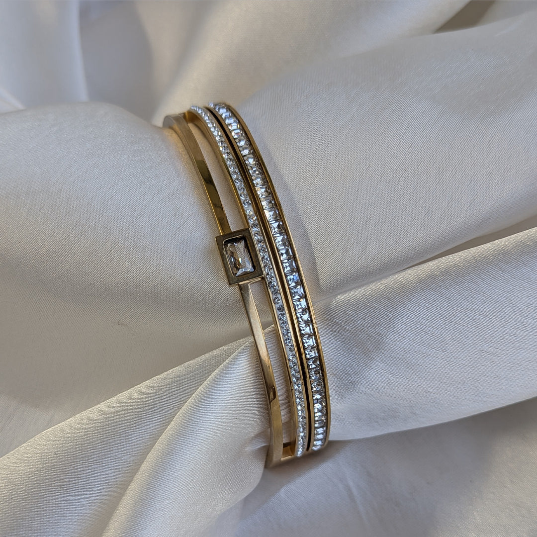 Gold Plated Triple Layer Bracelet with Twin AD Lines & Emerald Centre Stone for Girls & Women