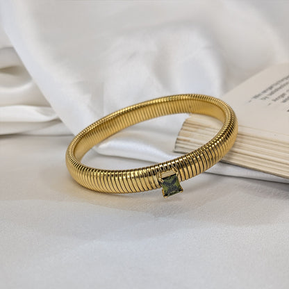 Gold Finish Kada Style Coil Bracelet With Cubic AD Stone For Girls & Women