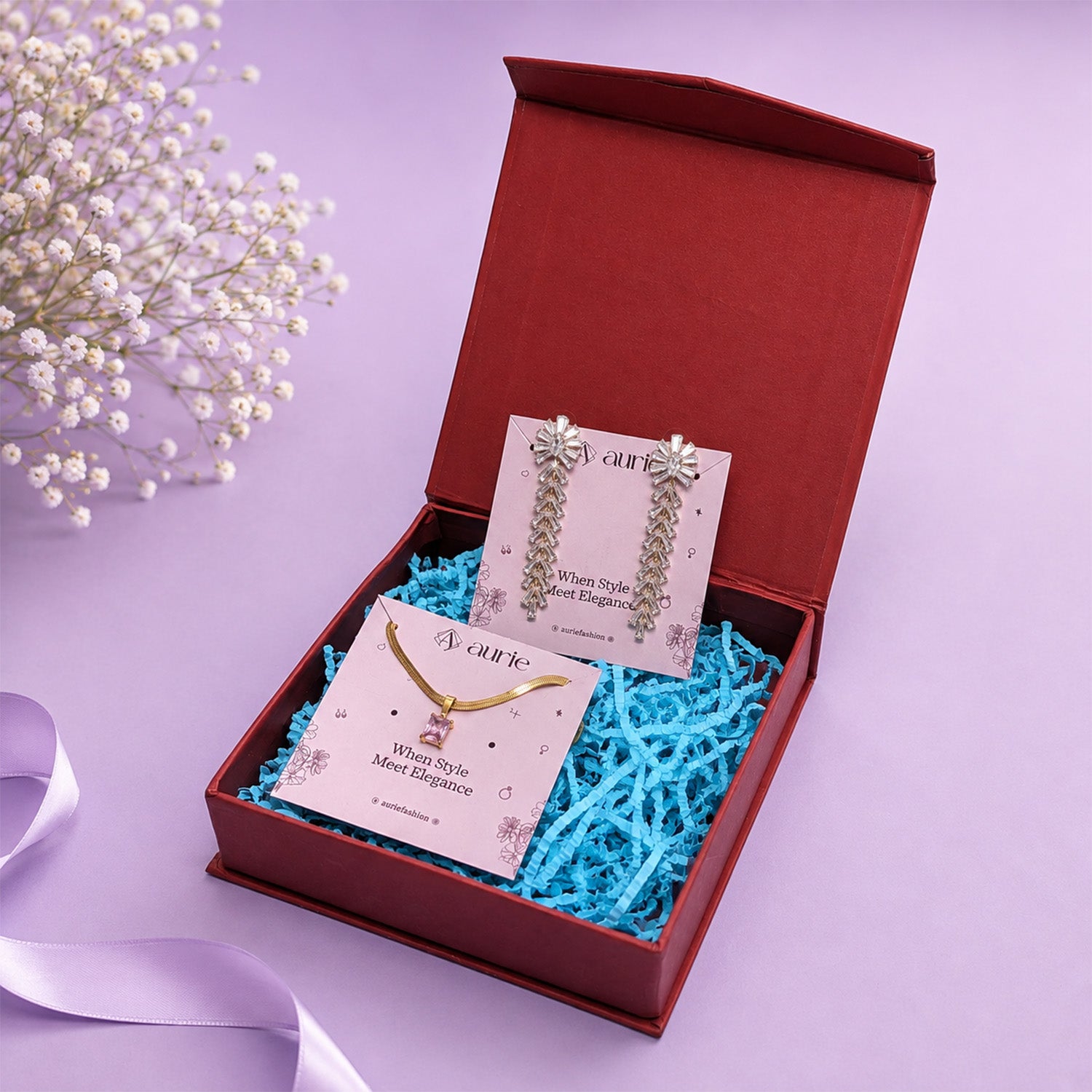 Gold Finish Necklace & Long Drop Earrings Jewellery Gift Box