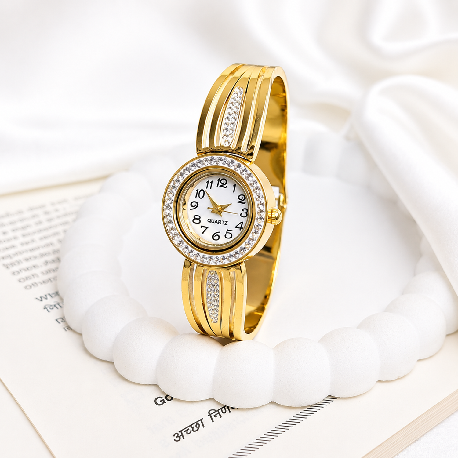 Traditional Feather Design AD Studded Band Bracelet Watch For Girls & Women