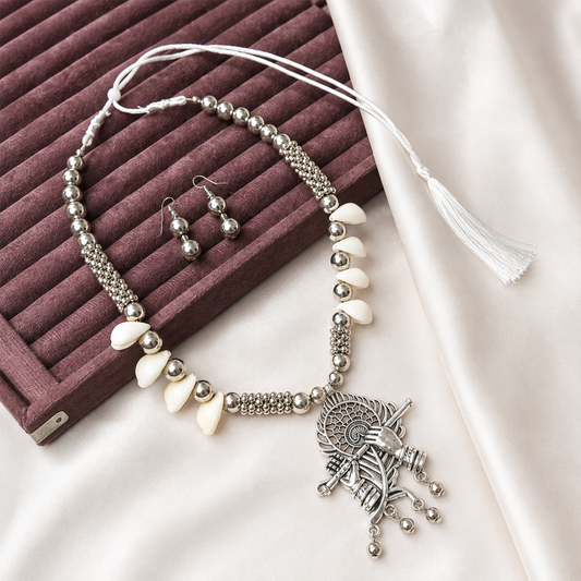 Oxidized Silver Krishna Feather Shell Pendant Set for Girls & Women