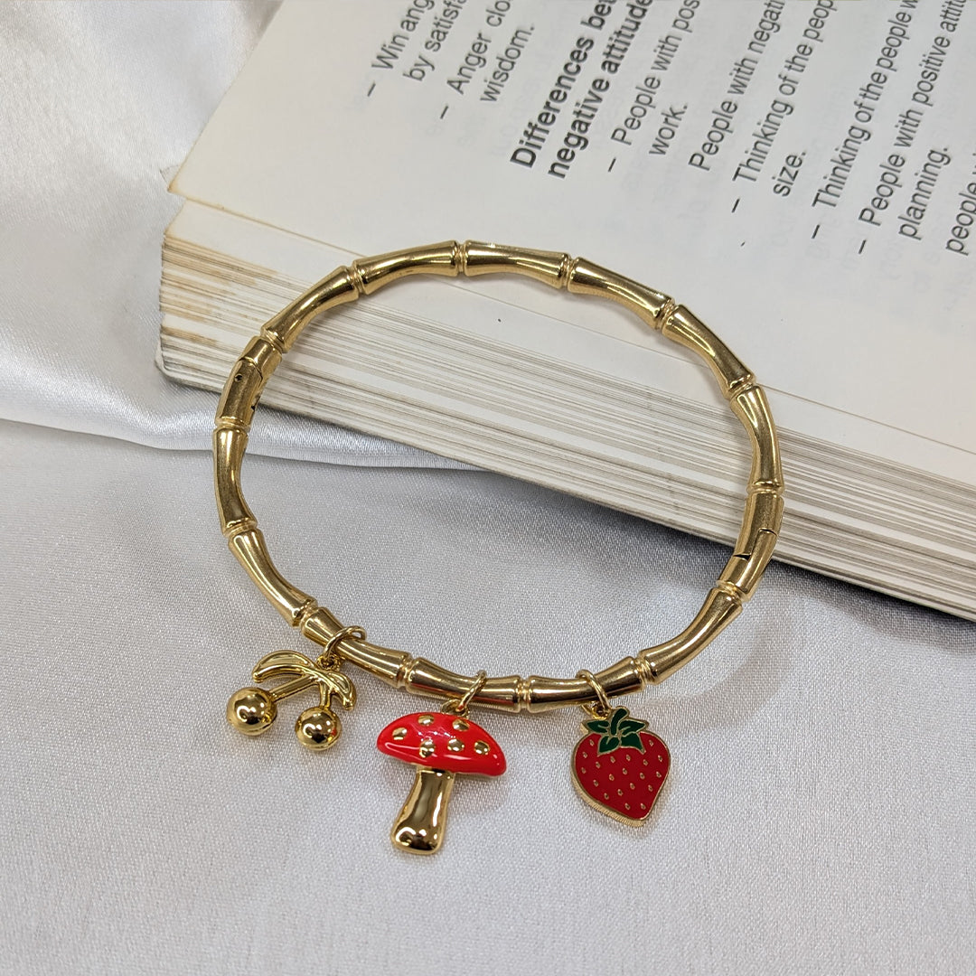 Gold Finish Fruit & Mushroom Charm Bracelet For Girls & Women