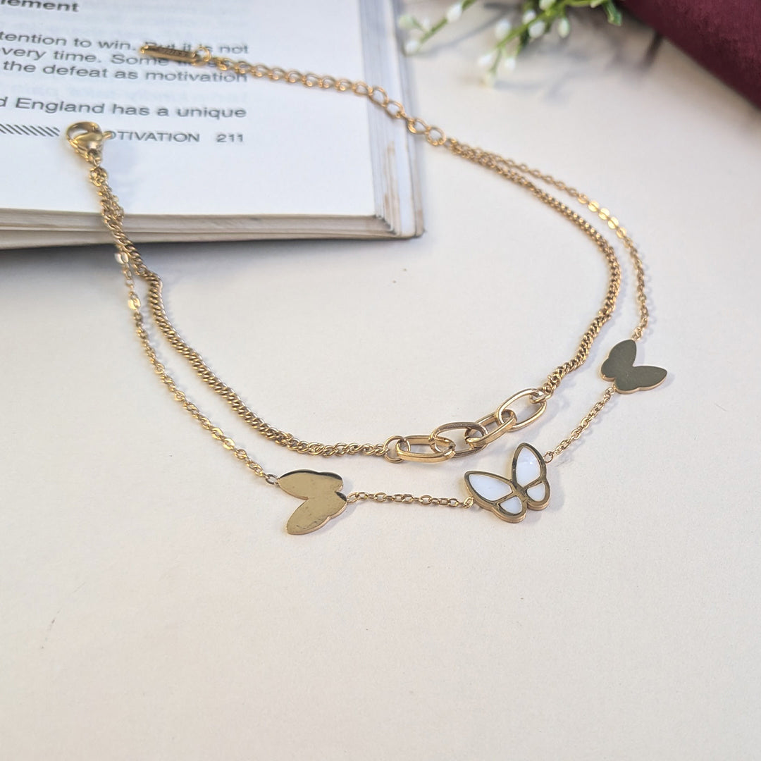 Double Layer Gold Finish Butterfly Charm Anklet For Girls & Women