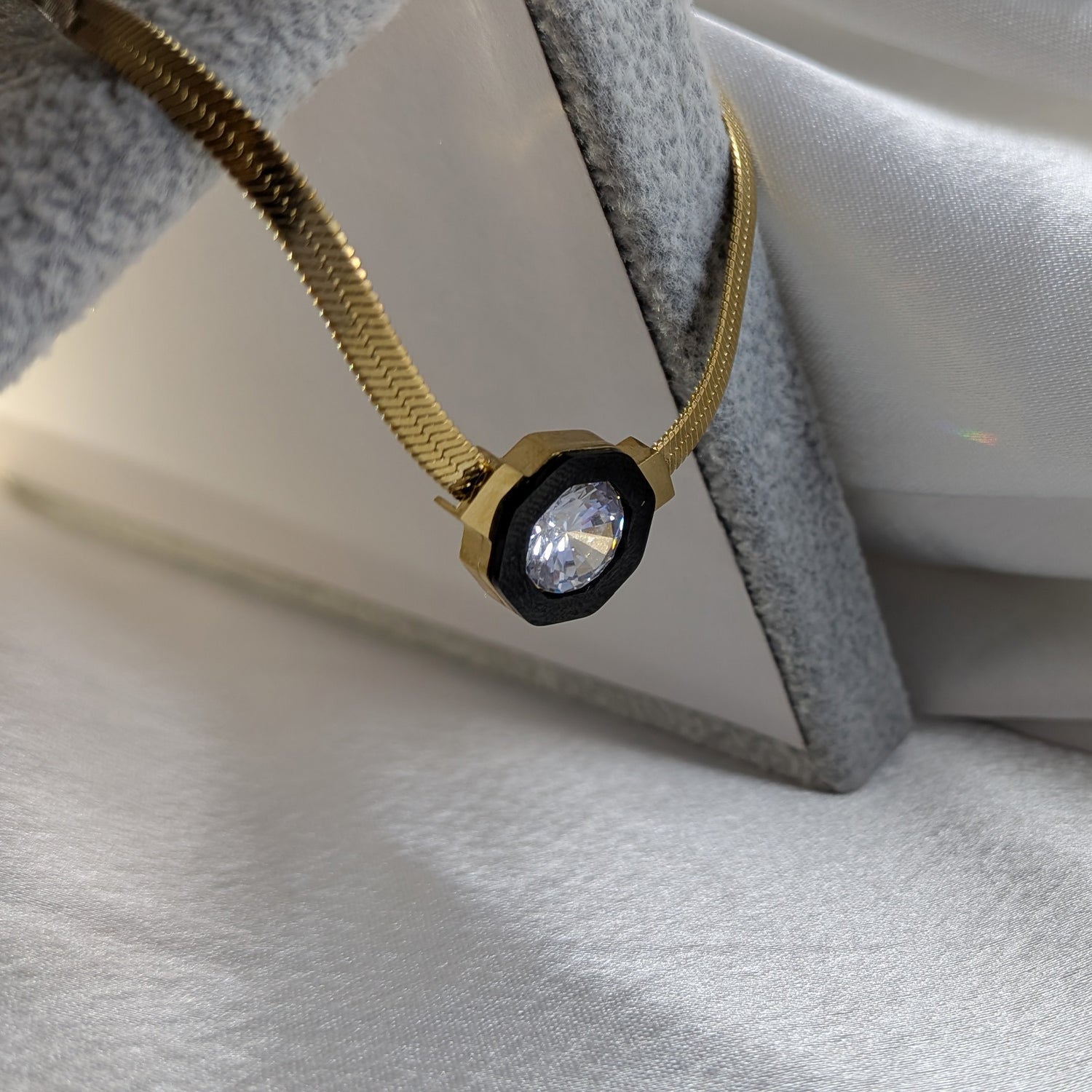 Gold Plated Geometric Snake Chain Round Crystal Pendant for Women & Girls