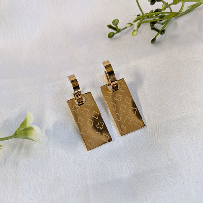 Gold Tone Engraved Geometric Rectangle Drop Earrings with Hoop for Girls & Women