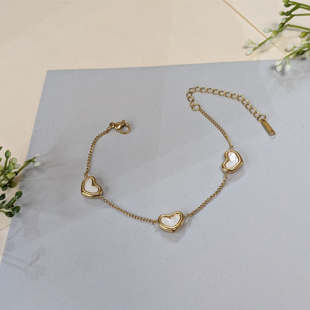 Gold Finish White Mother of Pearl Heart Charm Bracelet For Girls & Women (Anti-Tarnish)