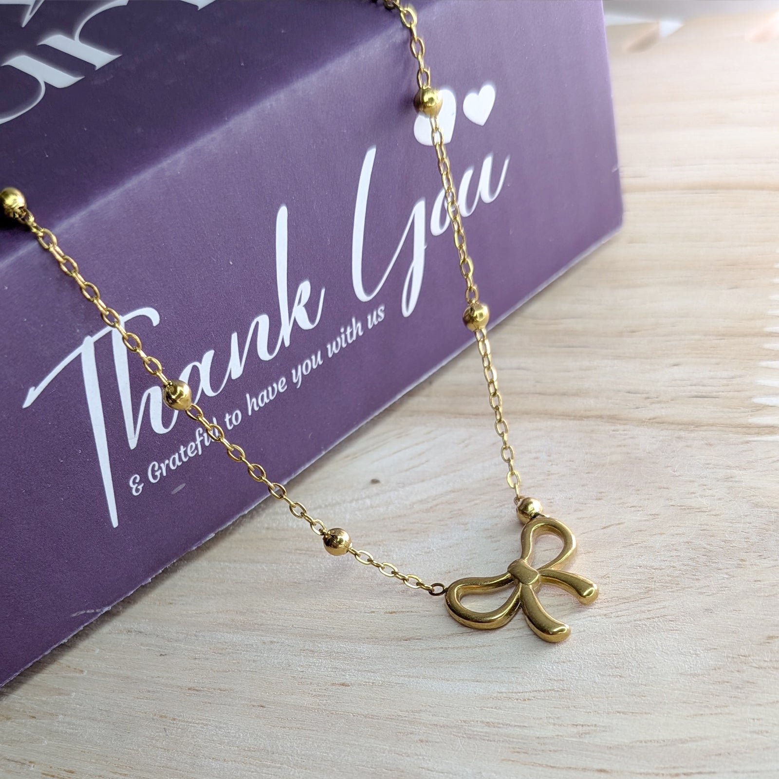 18k Gold Plated Bow Pendant with Beaded Chain for Women & Girls