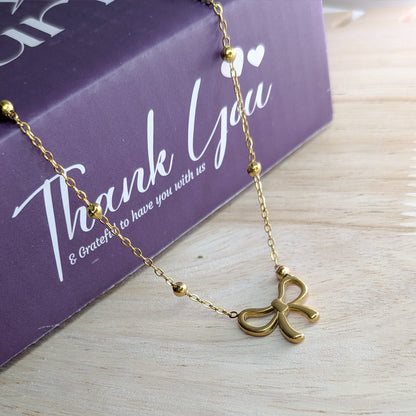 18k Gold Plated Bow Pendant with Beaded Chain for Women & Girls