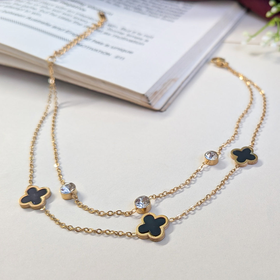 Gold Finish Clover Charm Anklet with Crystal Accents For Women & Girls