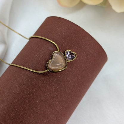 Gold Tone Twin Heart Pendant with Glossy Beige Stone & Stud For Girls & Women