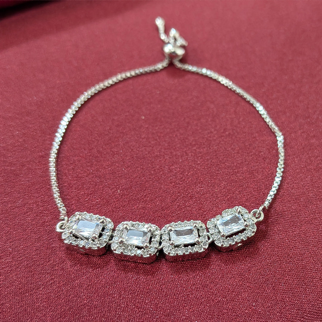 Silver Finish Rectangular Stones With AD Studded Adjustable Bracelet for Girls & Women