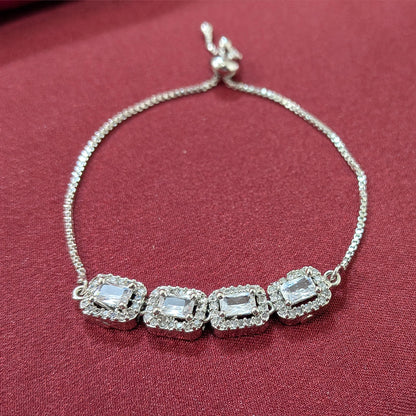Silver Finish Rectangular Stones With AD Studded Adjustable Bracelet for Girls & Women