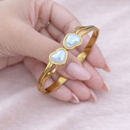 18K Gold Plated Double Heart Pearl Open Cuff Bracelet for Women & Girls