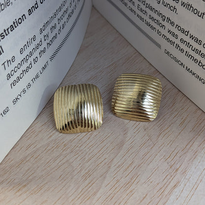 Textured Gold Tone Ribbed Square Earrings For Girls & Women (Anti-Tarnish)