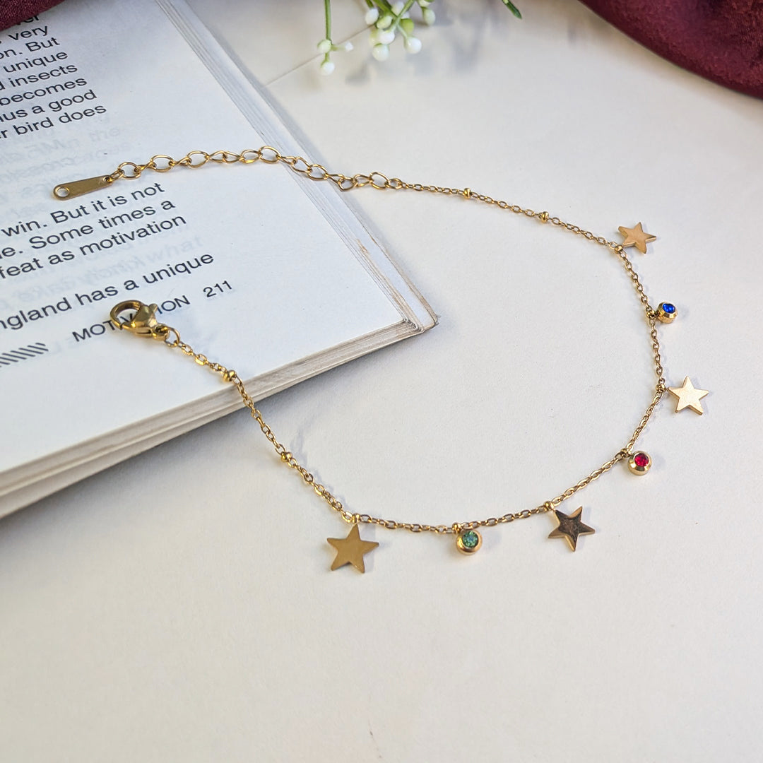 Gold Finish Star Charm Anklet with Colorful Stones Accents For Girls & Women