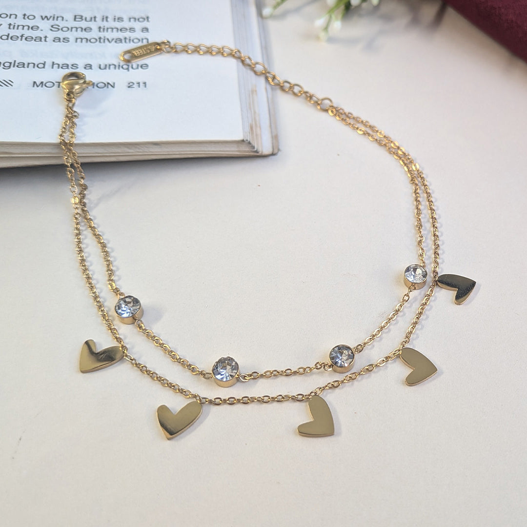 Gold Tone Stainless Steel Heart & Crystal Accents Anklet For Girls & Women