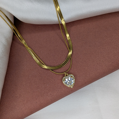 Gold Plated Dual Chain AD Stone Textured Heart Pendant For Girls & Women