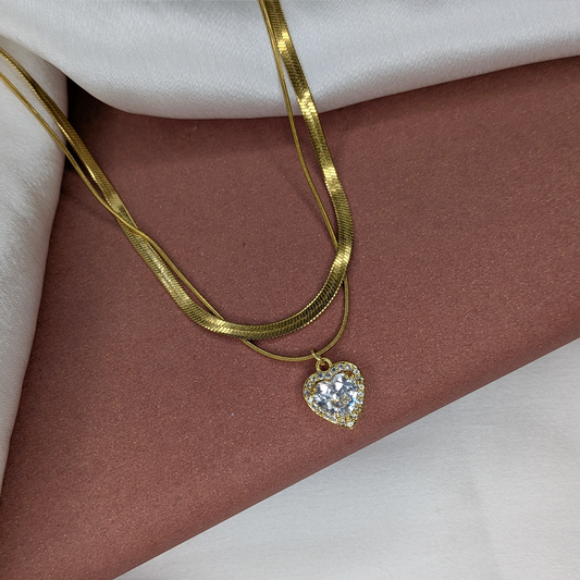 Gold Plated Dual Chain AD Stone Textured Heart Pendant For Girls & Women