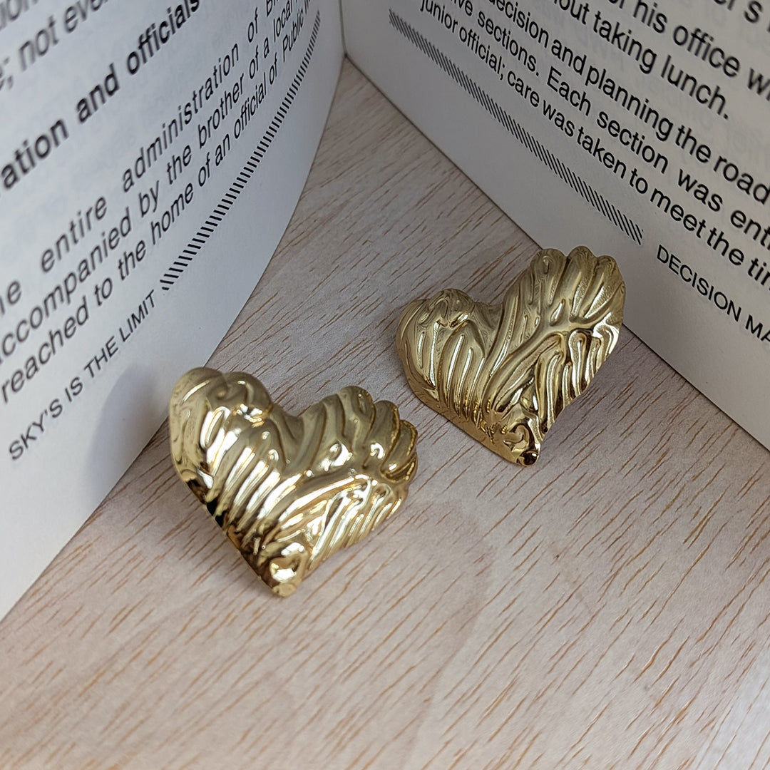 Golden Abstract Heart Sculpted Stud Earrings For Girls & Women (Anti-Tarnish)