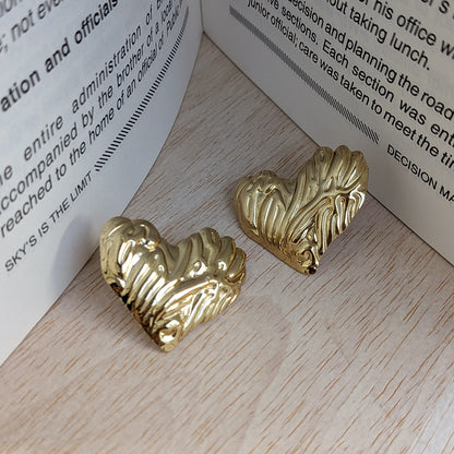 Golden Abstract Heart Sculpted Stud Earrings For Girls & Women (Anti-Tarnish)