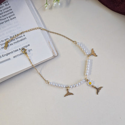 Gold Finish Dolphin Tail & Daisy Charm Pearl Anklet For Girls & Women