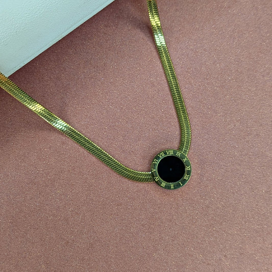 Premium Gold Plated Black Enamel Roman Circle Pendant For Girls & Women