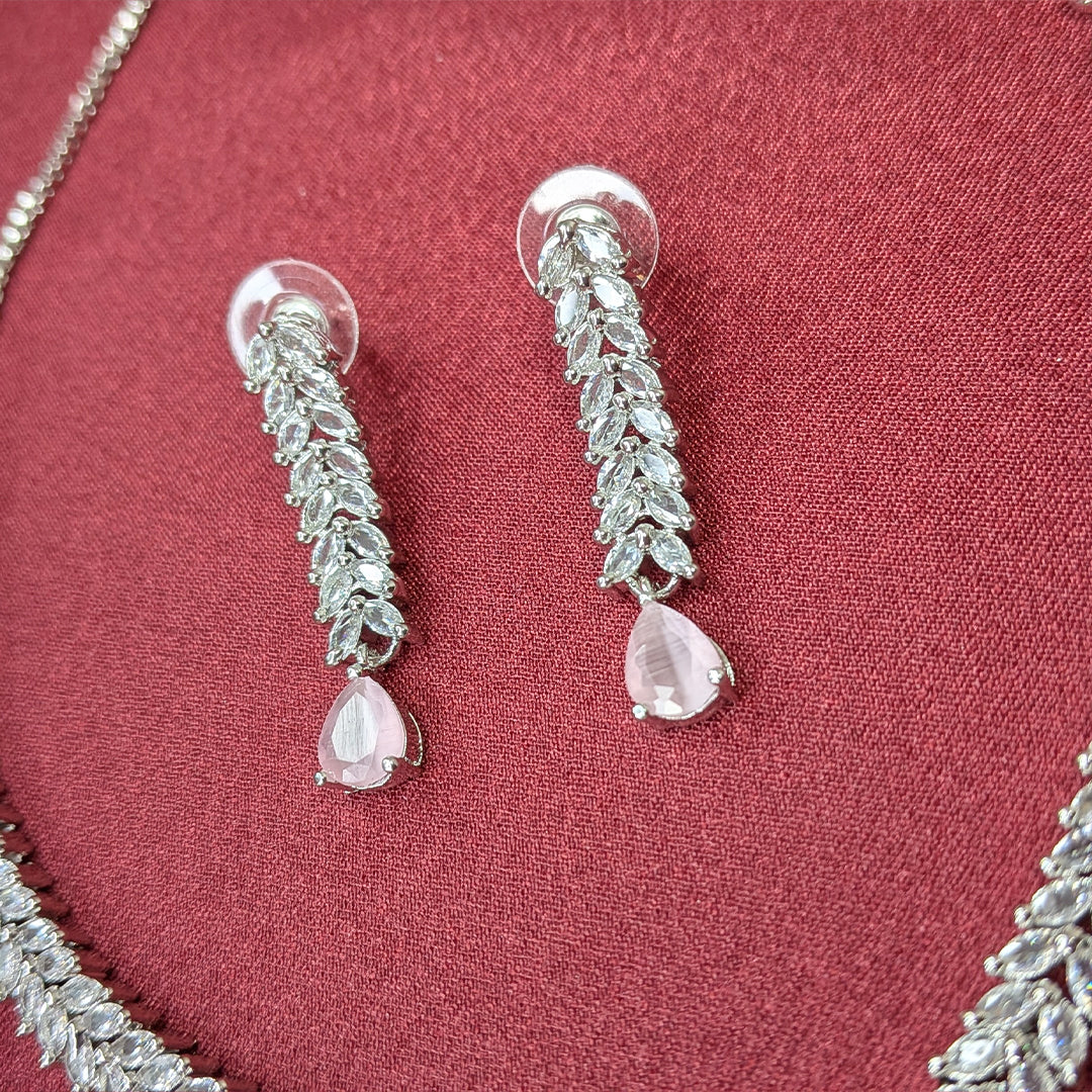 Silver Finish Leaf Design AD Teardrop Stones Necklace Set for Girls & Women