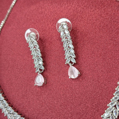 Silver Finish Leaf Design AD Teardrop Stones Necklace Set for Girls & Women