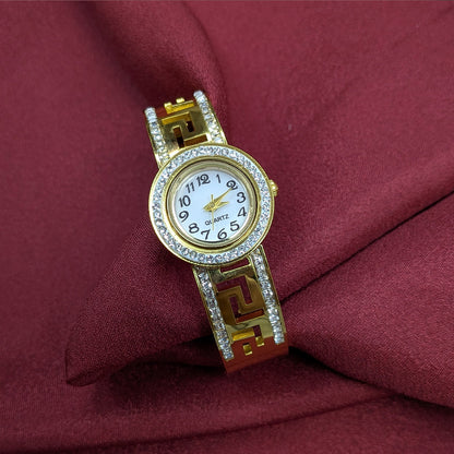 Luxury Analog AD Studded Geometric Dual Lines Design Band Bracelet Watch For Girls & Women