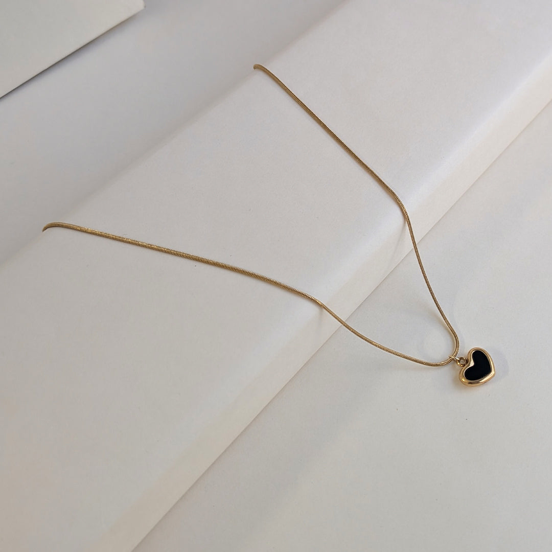 Gold Plated Black Enamelled Heart Pendant With Beaded Chain For Girls & Women