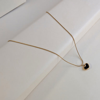 Gold Plated Black Enamelled Heart Pendant With Beaded Chain For Girls & Women