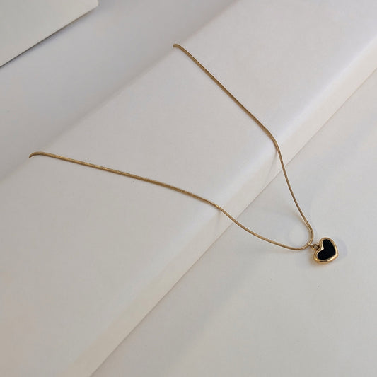 Gold Plated Black Enamelled Heart Pendant With Beaded Chain For Girls & Women
