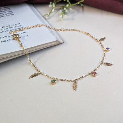 Minimalist Gold Tone Feather Charm Anklet With Stone Accents For Girls & Women